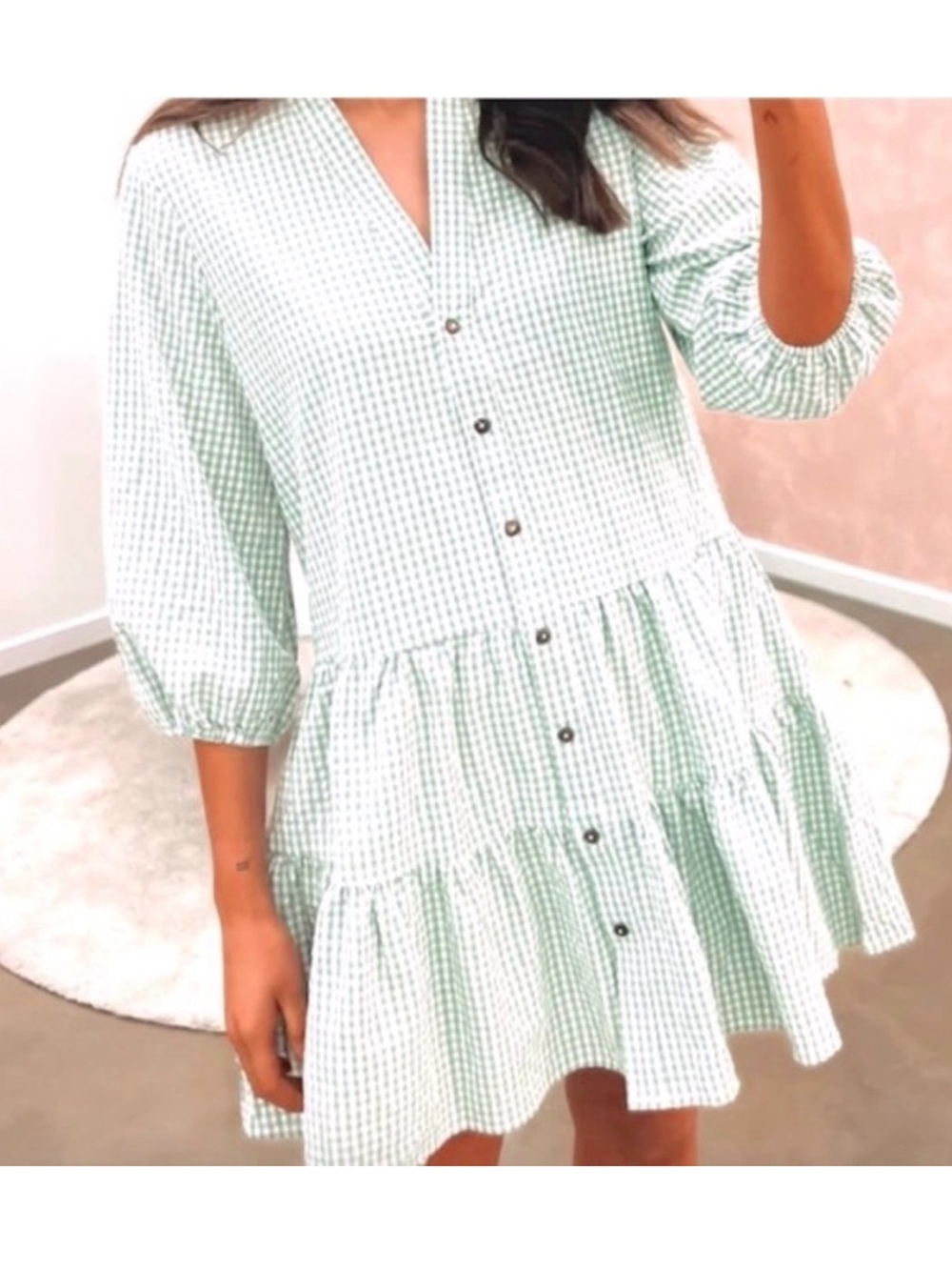 Petal & Pup Daria Mint Green Gingham Plaid Tiered  Mini Dress SZ Small Medium
